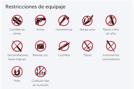 Una lista de artículos prohibidos en español sobre un fondo blanco.