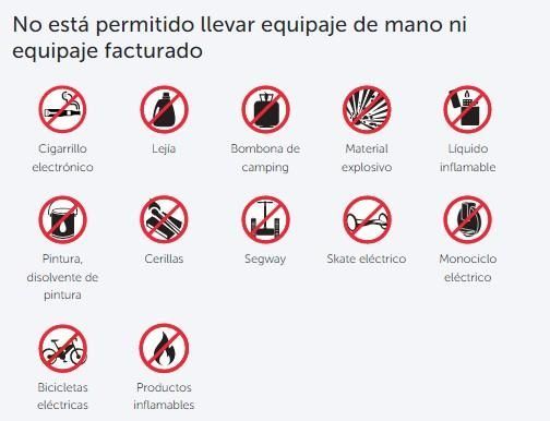 Una lista de artículos prohibidos en español sobre fondo blanco.