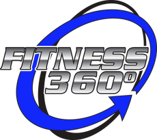 Logo for 'Fitness 360°' featuring bold, silver lettering with a blue circular arc and an arrow pointing rightward.