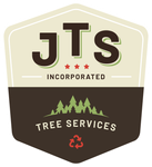 Logo for JTS Incorporated Tree Services: Brown and tan badge with pine trees, recycle symbol, and company initials.