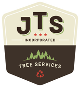Logo for JTS Incorporated Tree Services: Brown and tan badge with pine trees, recycle symbol, and company initials.