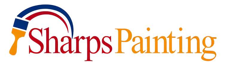 The Sharps Painting logo features a paint brush icon with a red and blue arch above the text in red and gold.