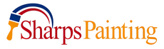 The Sharps Painting logo features a paint brush icon with a red and blue arch above the text in red and gold.