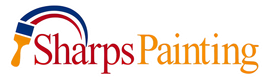 The Sharps Painting logo features a paint brush icon with a red and blue arch above the text in red and gold.
