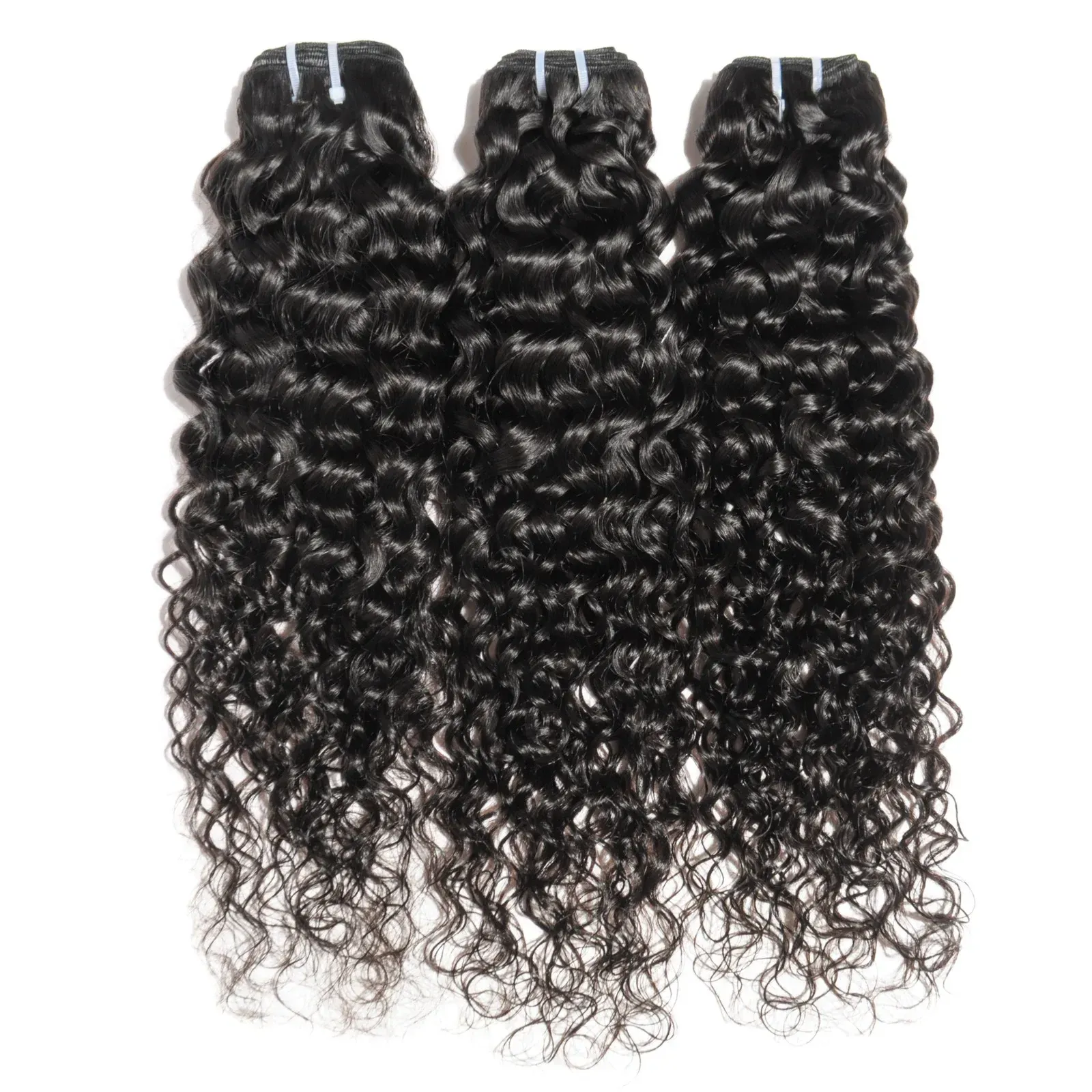 Three bundles of black curly hair extensions.