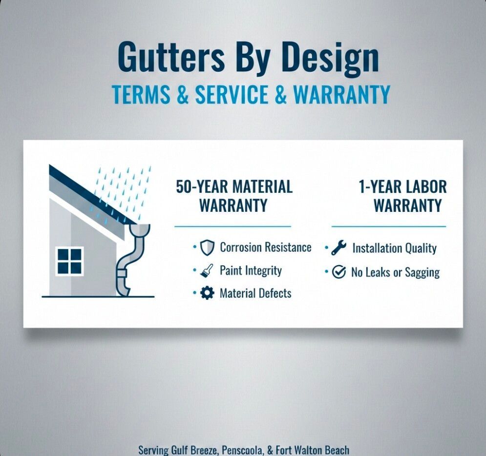 Gutter company advertisement, showing gutter diagram with warranty details. 50-year material and 1-year labor warranties are listed.