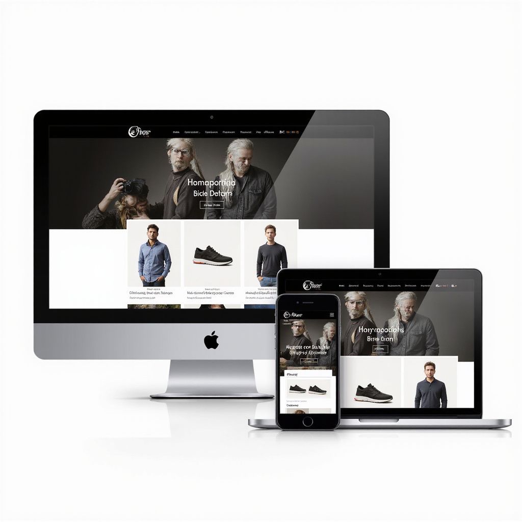 Website mockup on various devices, showcasing men's fashion, including shoes and clothing.