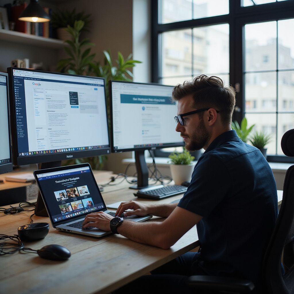 Man working on laptop and dual monitors at a desk, office setting.
