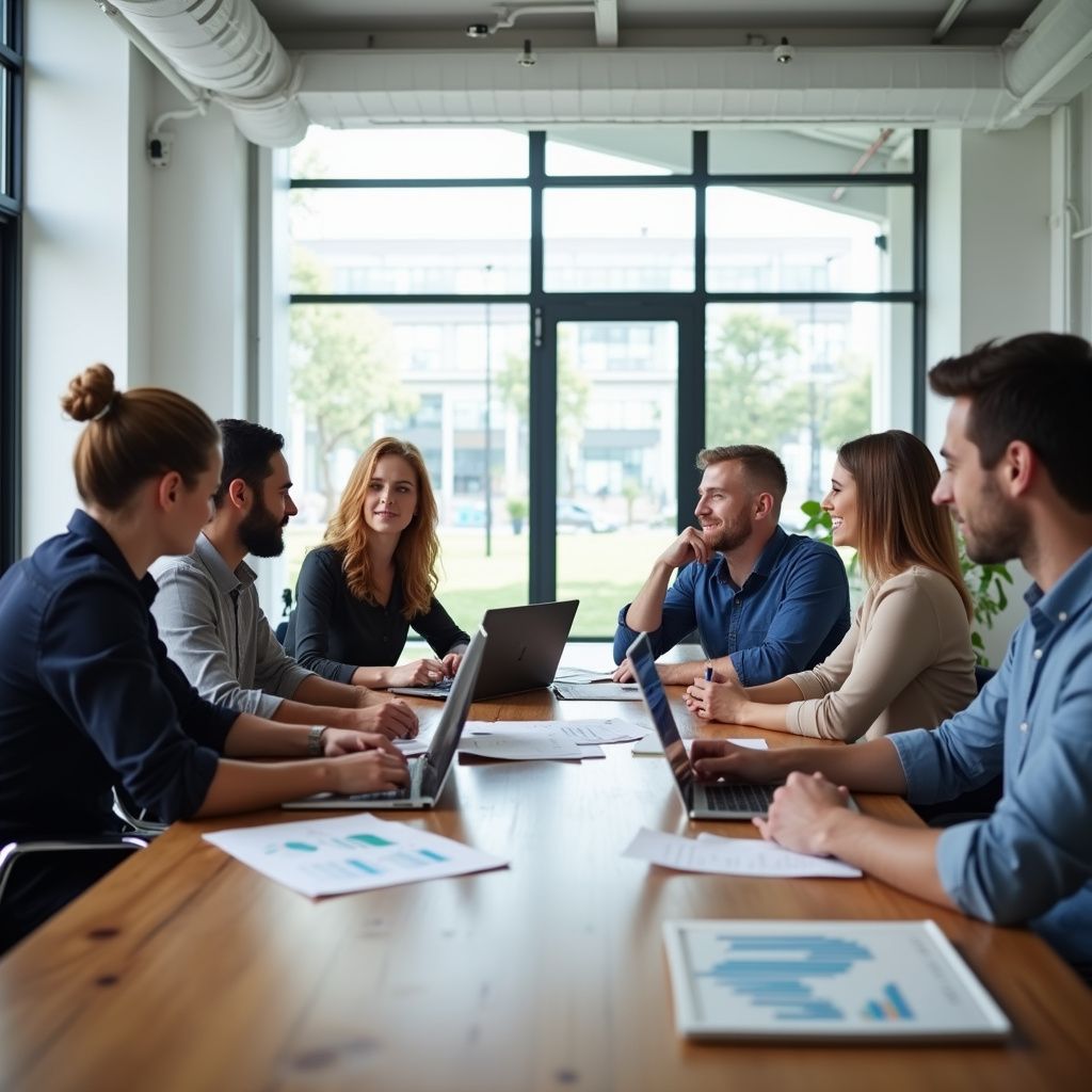 Group of people in a meeting around a wooden table, using laptops, documents, and discussing.