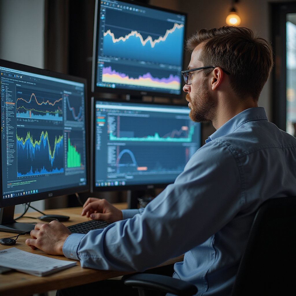 Man in glasses, looking at multiple computer screens displaying financial graphs.