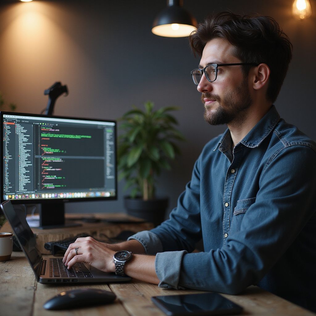 Man with glasses coding on laptop and monitor, indoors.