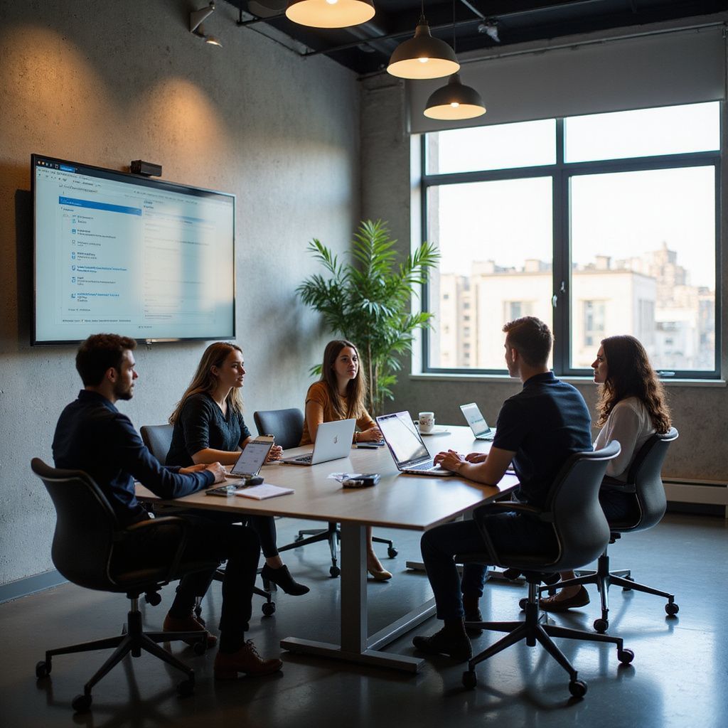 People in a modern office meeting around a table, laptops open, discussing a project.