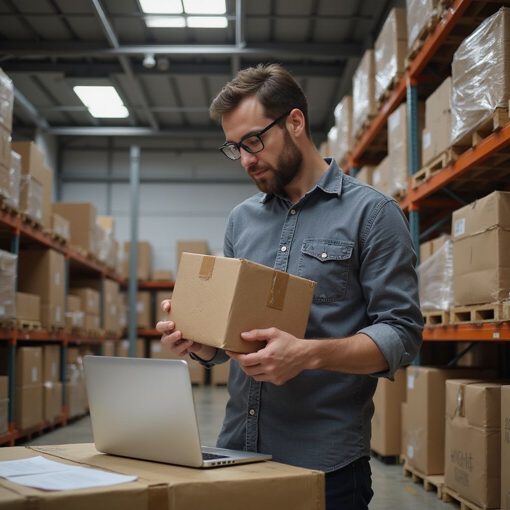 Man in warehouse, holding a box, looking at laptop on table with stacked boxes. Shelves of boxes in background.