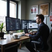 Man in blazer coding on dual monitors at a desk by a window, with a laptop, coffee, and plants.