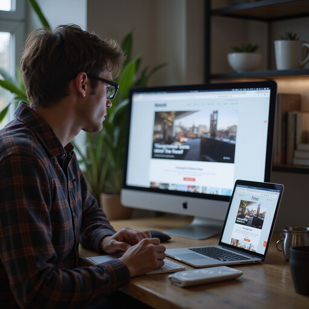 Man with glasses works at desk with desktop and laptop, taking notes.