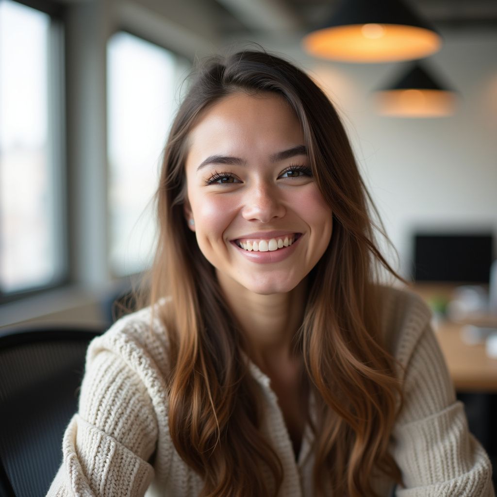 Woman with long brown hair smiles at the camera in an office. She wears a cream sweater.