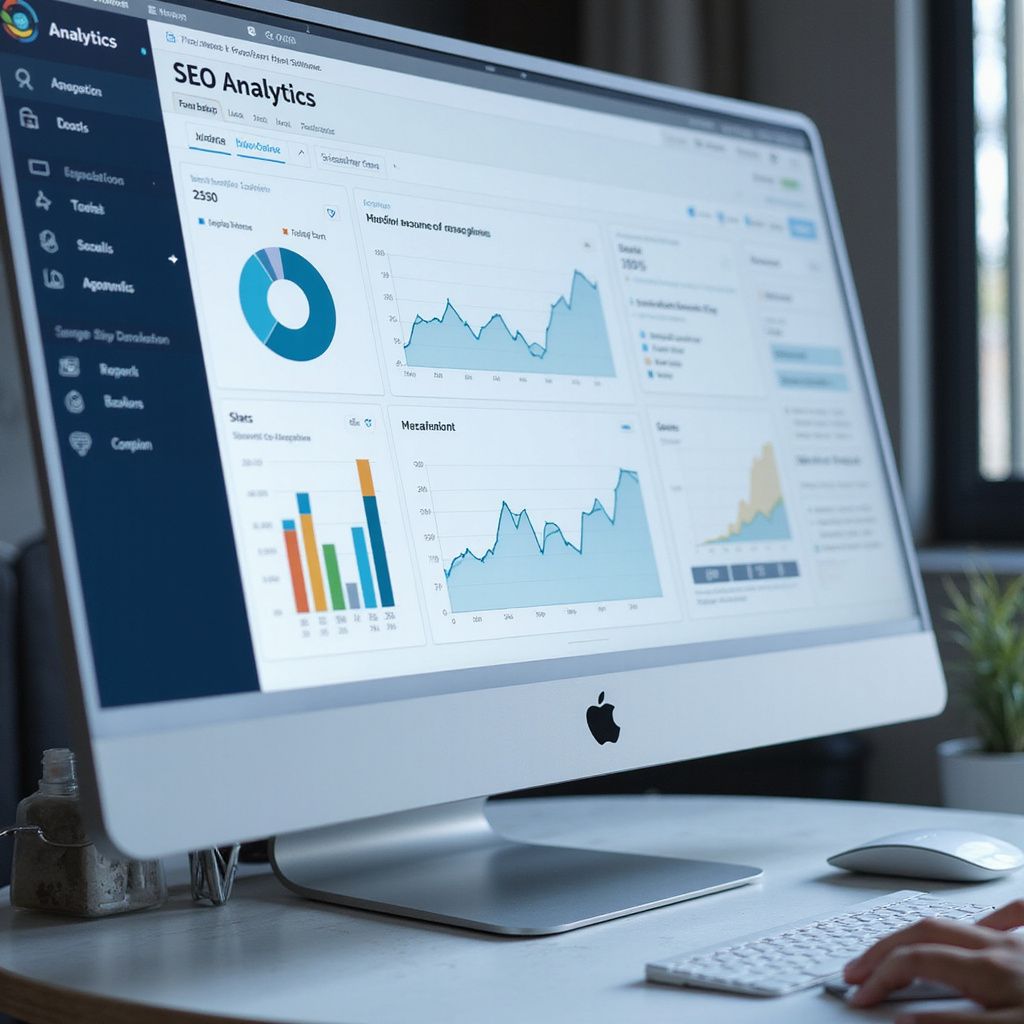 A person using a computer displaying SEO analytics with charts and graphs, in a home office.