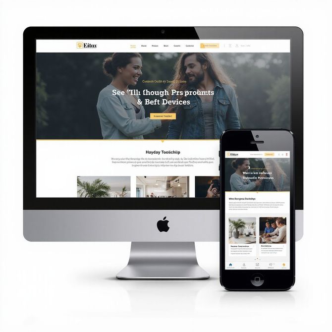 Website design on a desktop and a smartphone; features a couple and modern aesthetic.