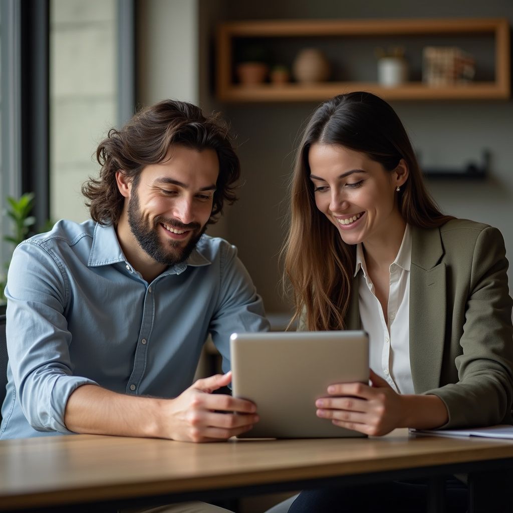 Man and woman smiling, looking at tablet screen at a desk. Indoor office setting.