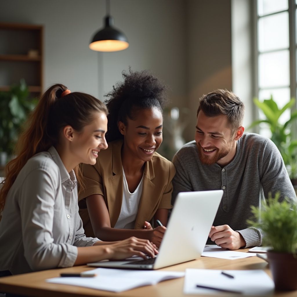 Three colleagues smiling while looking at a laptop together at a table in a well-lit office.