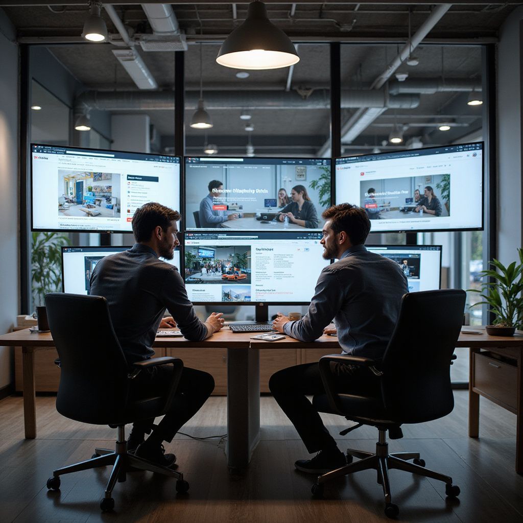 Two men in office chairs face each other at a desk. Multiple screens display video conference.