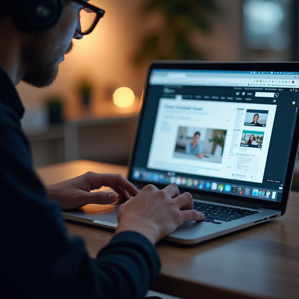 Person wearing headphones, glasses, typing on laptop, attending a video conference.
