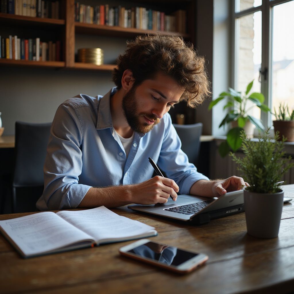 Man with beard writing on laptop at a wooden table with notebook, phone, and plant in a home office.