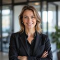 Woman in black blazer smiles, arms crossed, in office setting.