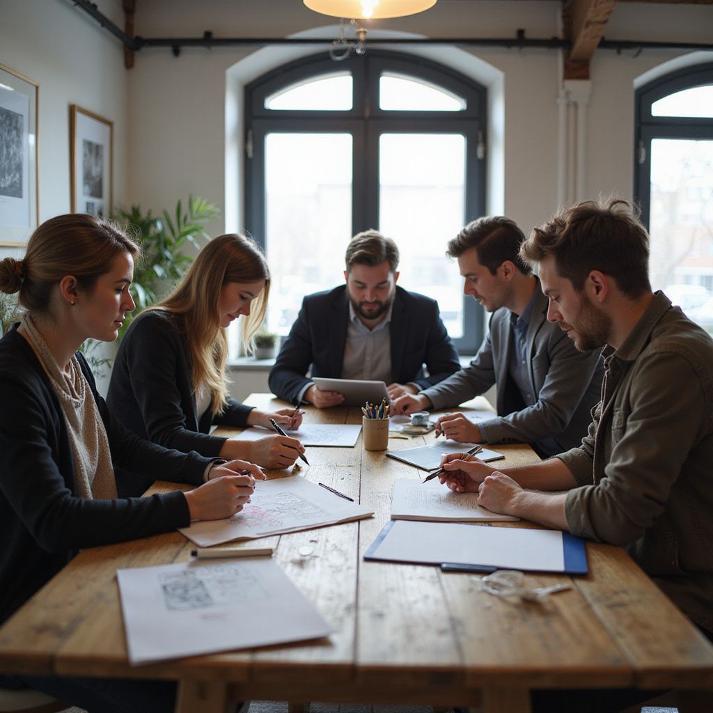 Business team meeting at a large wooden table, reviewing documents and using a tablet in a bright office.