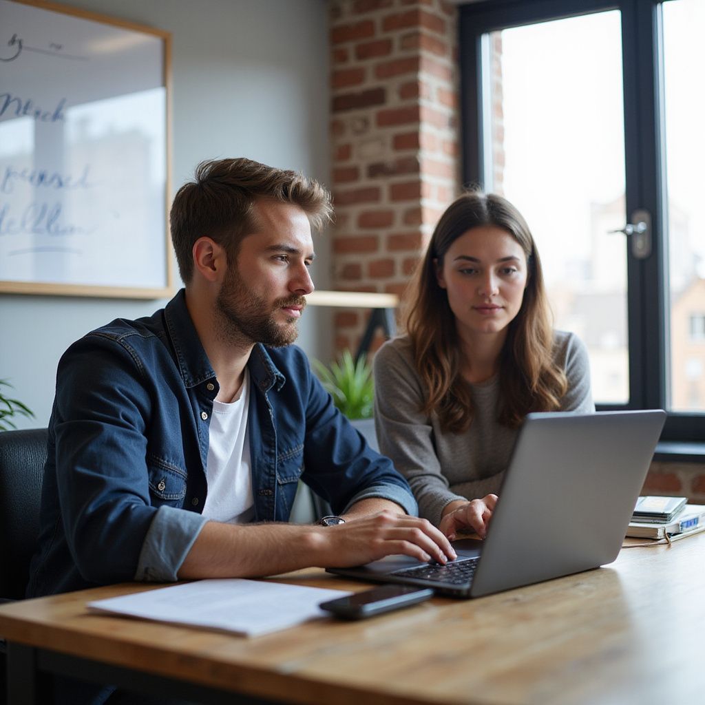 Man and woman looking at laptop in a bright office. Man typing, woman focused.