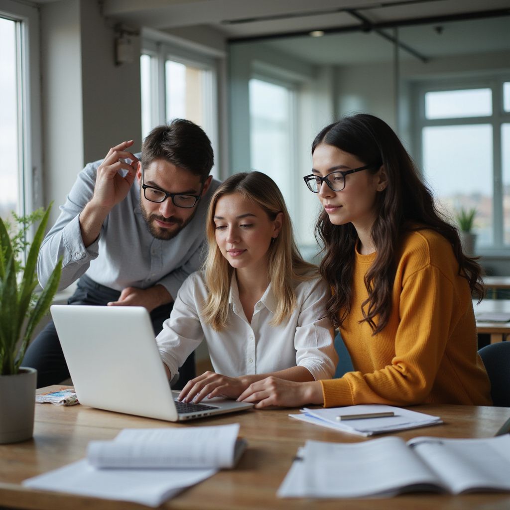 Three people at a desk, looking at a laptop. One woman types, two others lean in.