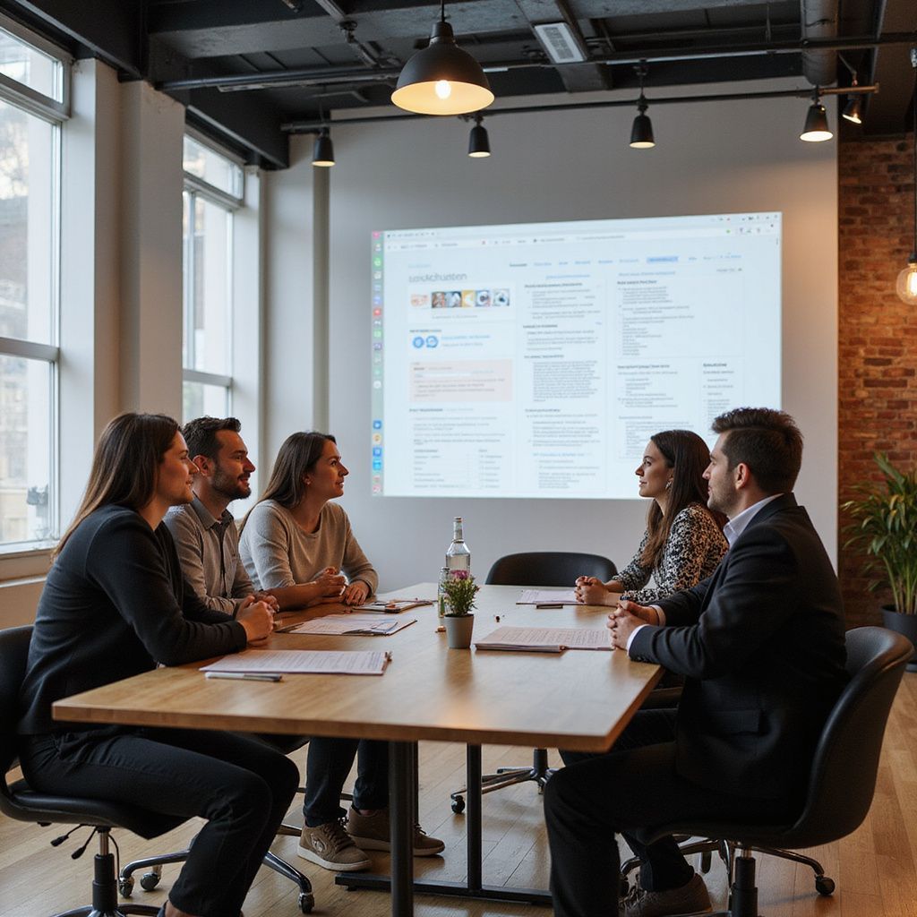 People in a meeting room around a table, looking at a screen with a website displayed, lit by overhead lights.
