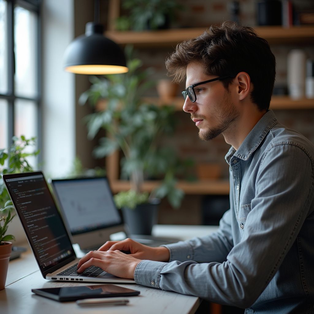 Man with glasses coding on a laptop at a desk; other computer, plants, and light overhead are in the background.
