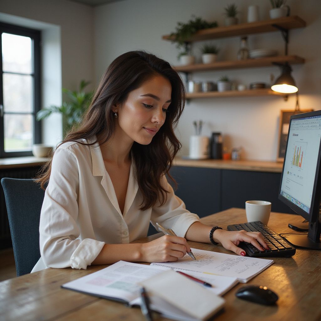 Woman writing at a desk, working on a computer, in a home office setting.