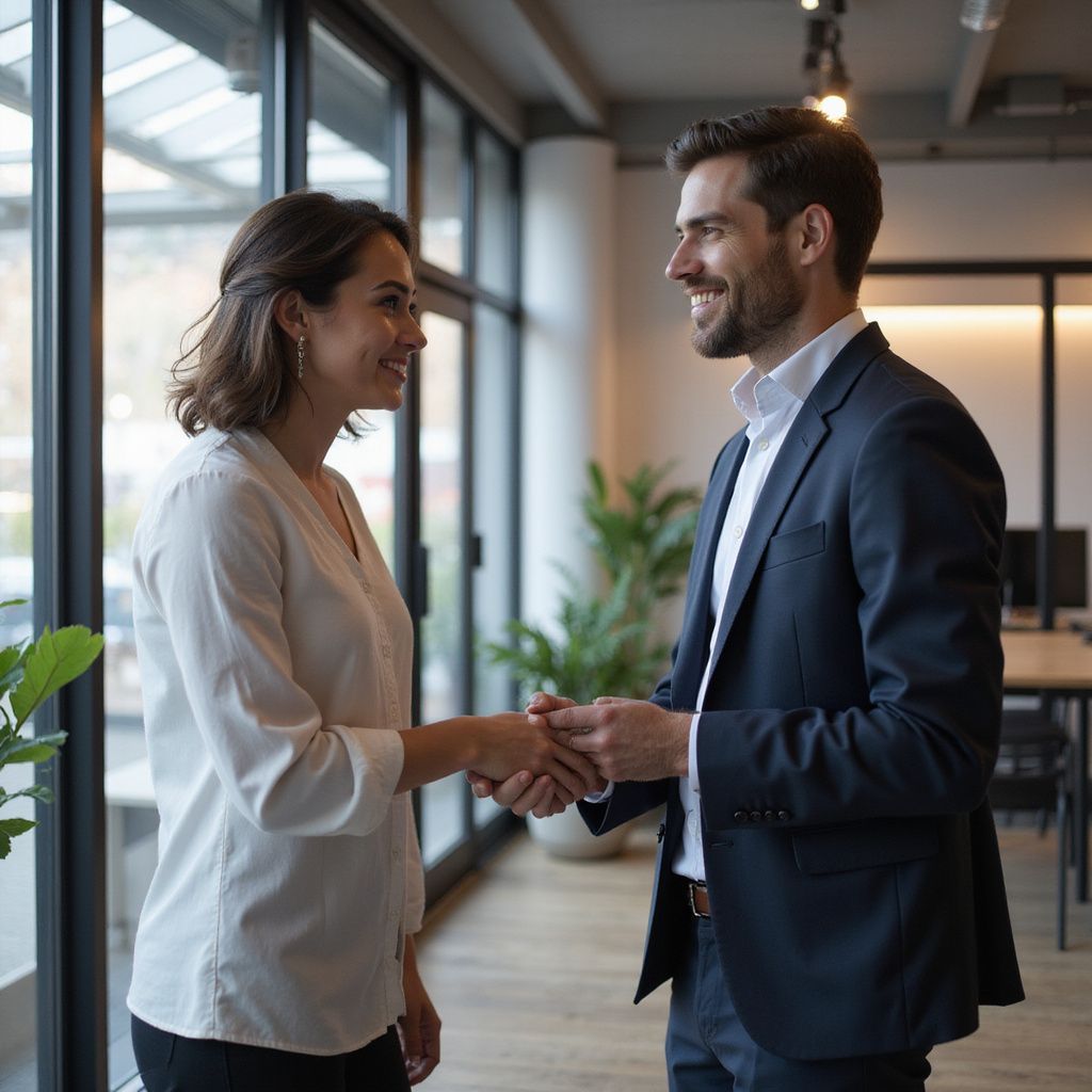 Woman and man shaking hands in an office setting, smiling, near a window.