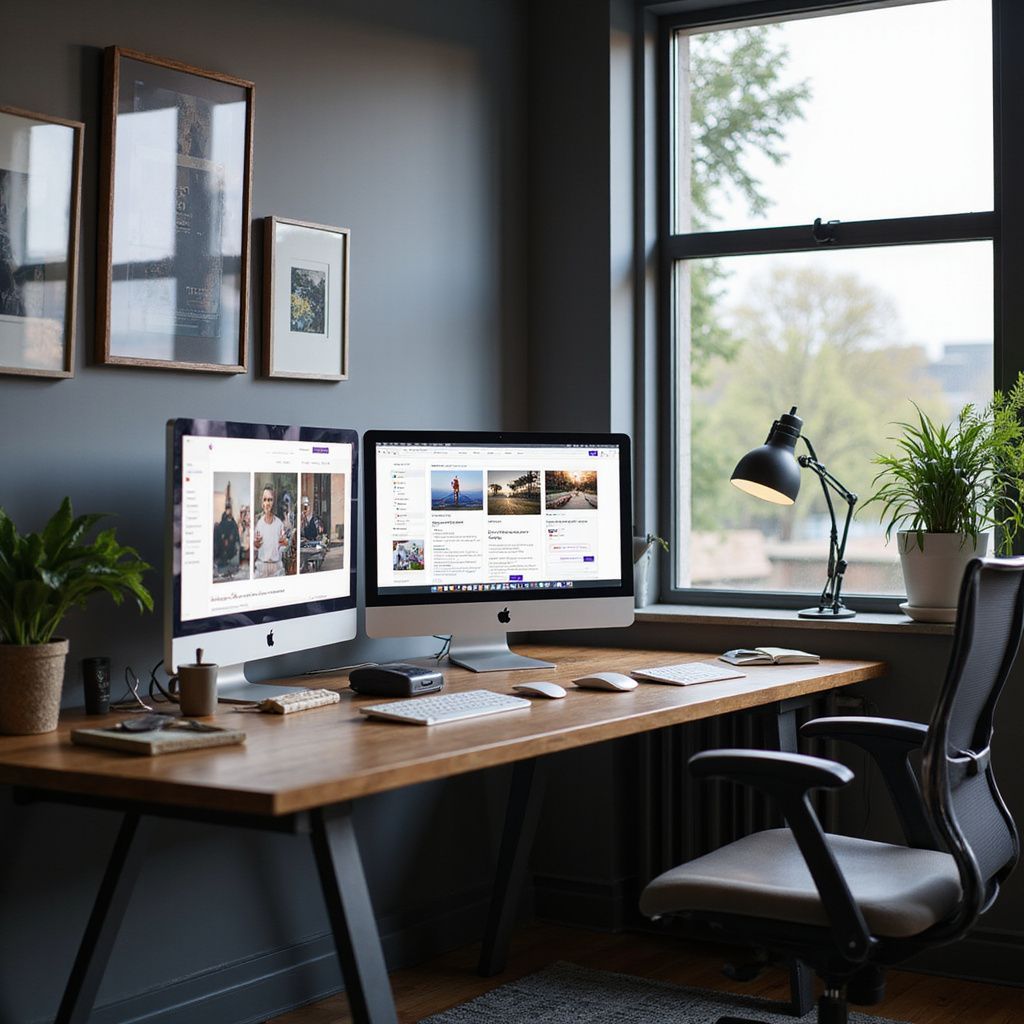 A modern home office with a wooden desk, dual monitors, and a window overlooking trees.