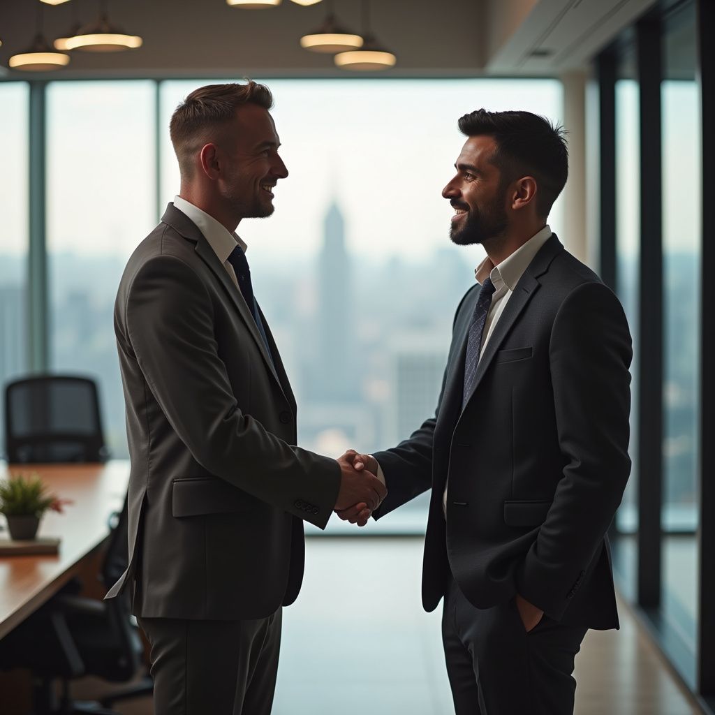 Two men in suits shake hands, smiling, in a modern office with city views.