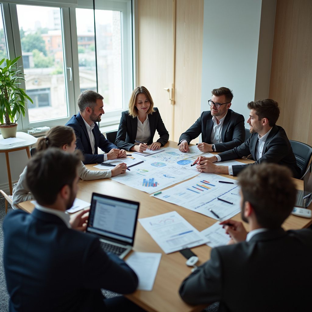 Business team meeting around a table, reviewing charts and using a laptop, in an office setting.