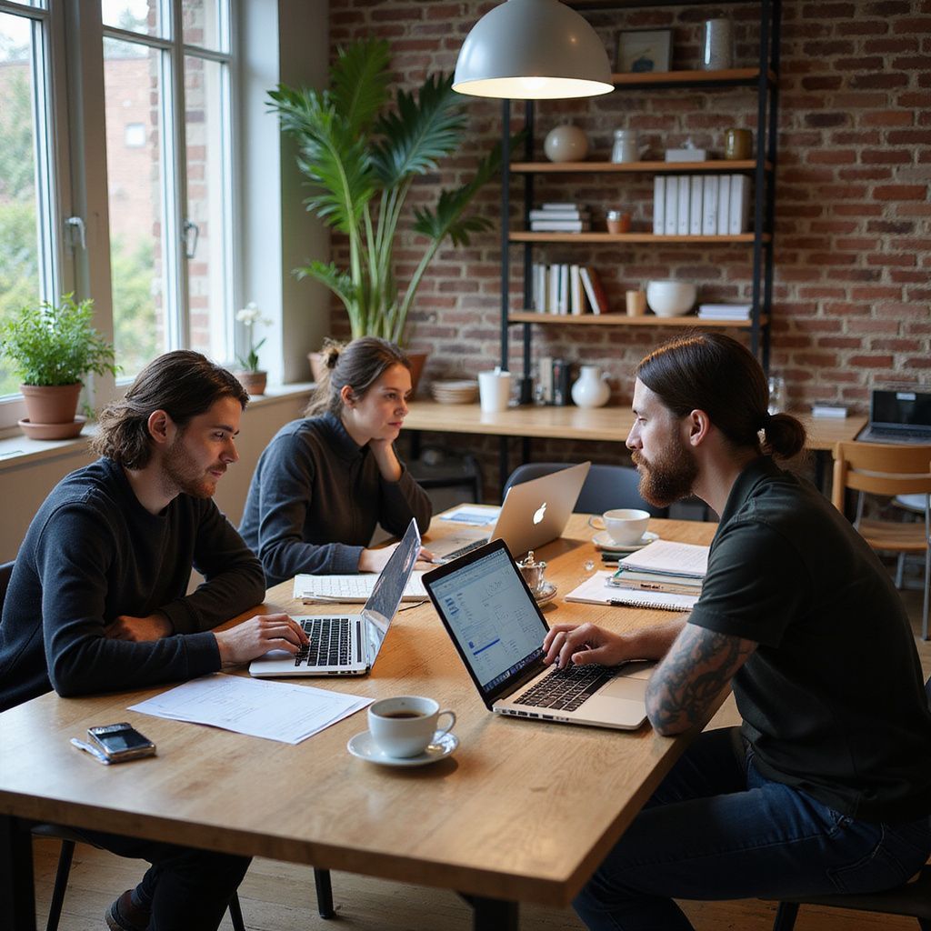 Three people working at a wooden table in a modern office with laptops, a brick wall, and a window.