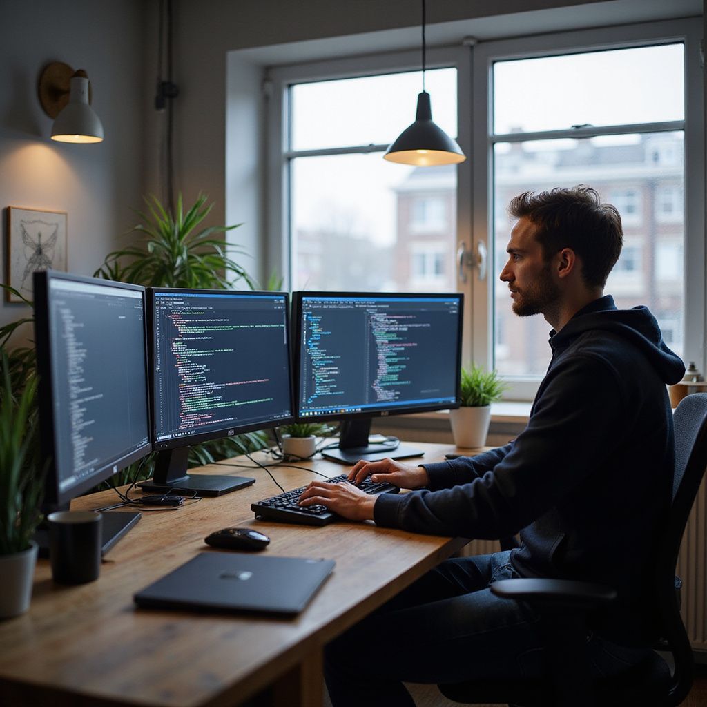 Man coding on a computer with three screens at a desk by a window, plants, and a lamp.