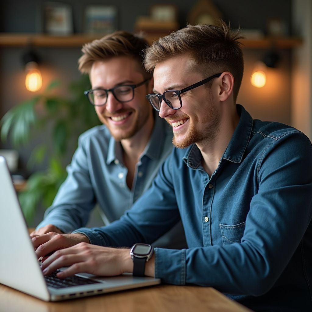 Two men smiling while working on a laptop, in a well-lit room.
