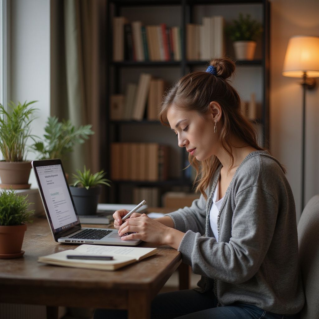 Woman writing at a desk with a laptop, plants, and a bookshelf in a cozy room.