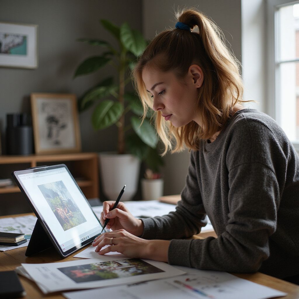 Woman drawing on a tablet, sitting at a desk, with papers and a potted plant in the background.