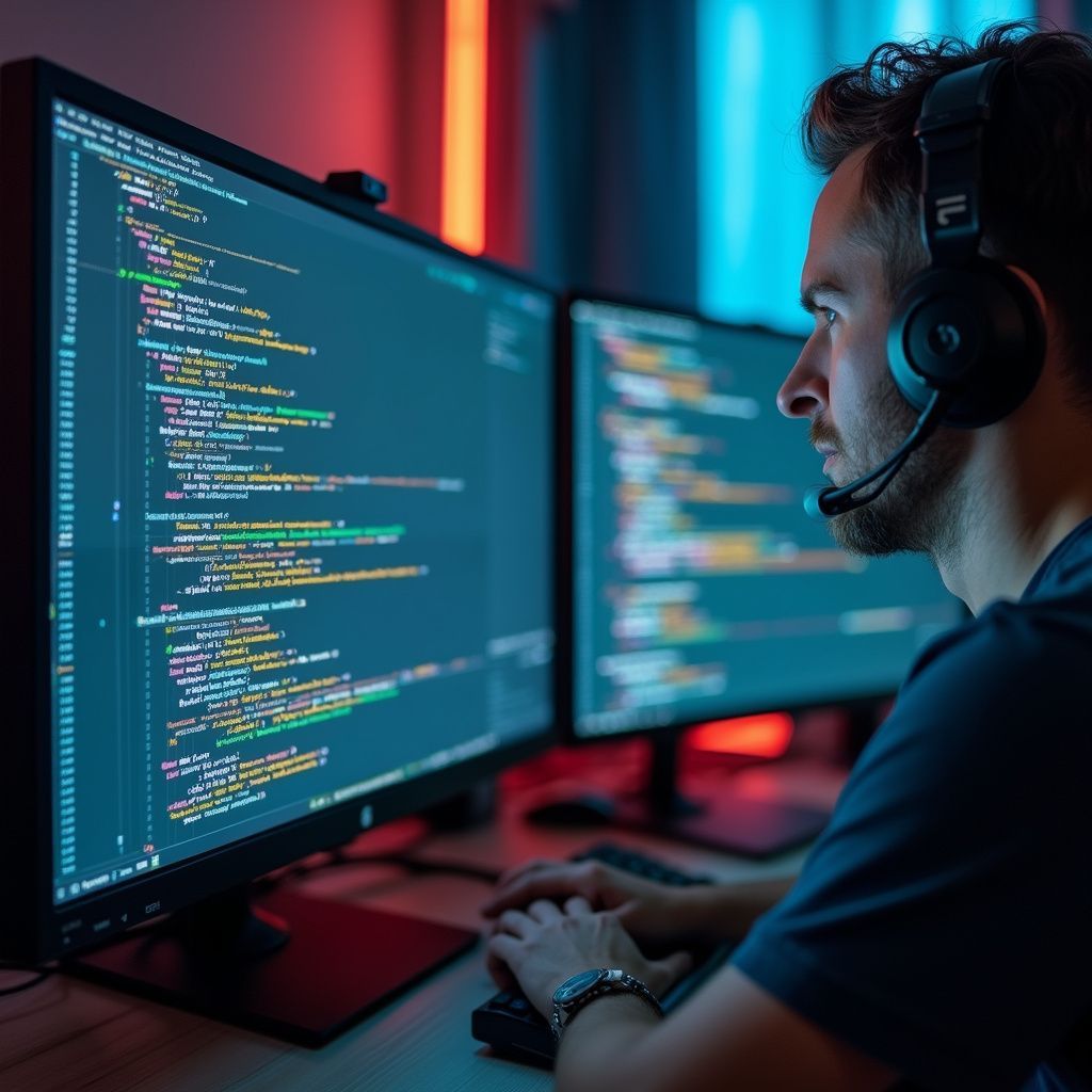 Man with headphones coding at dual monitors, lit by blue and red light.