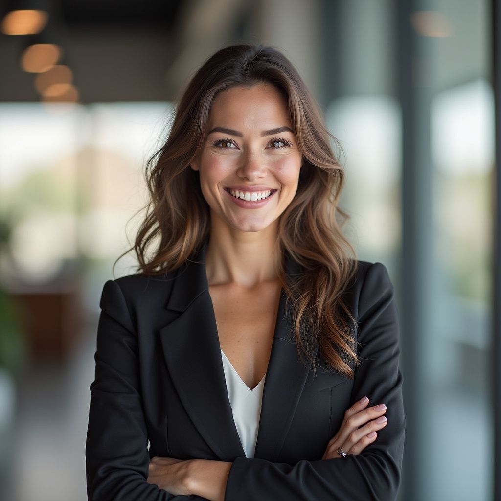 Woman in black blazer smiles with arms crossed in office setting.