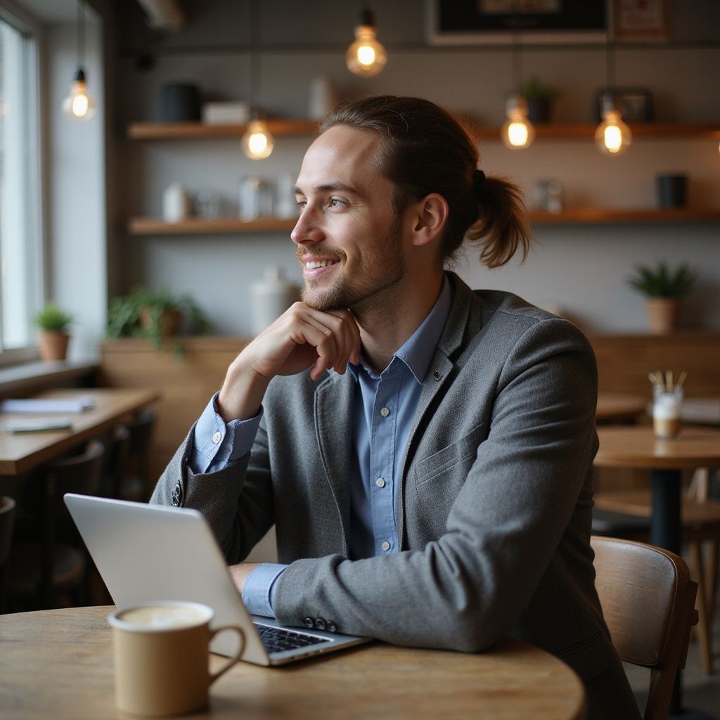 Man in a cafe, smiling with laptop, hand on chin, looking out window, wearing blue shirt and gray blazer.