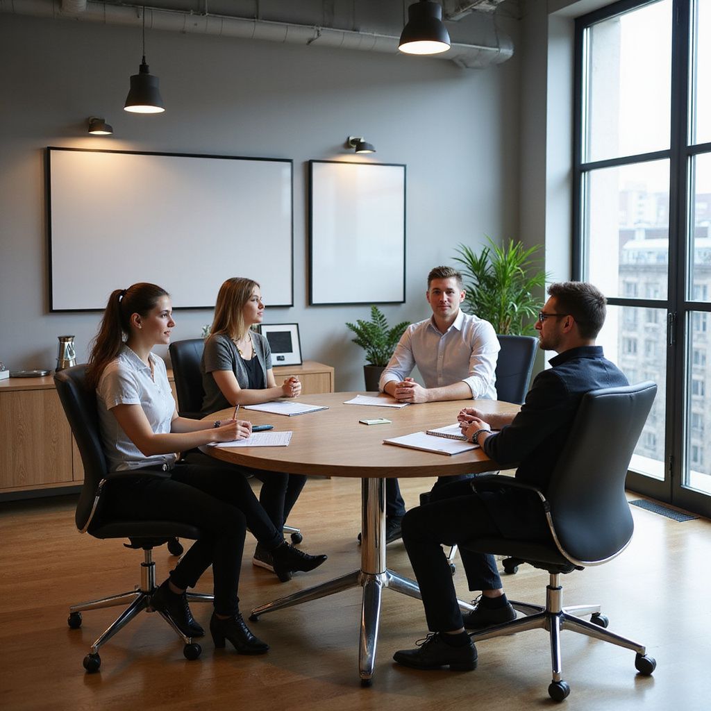 Four people in a meeting around a round table, inside an office.