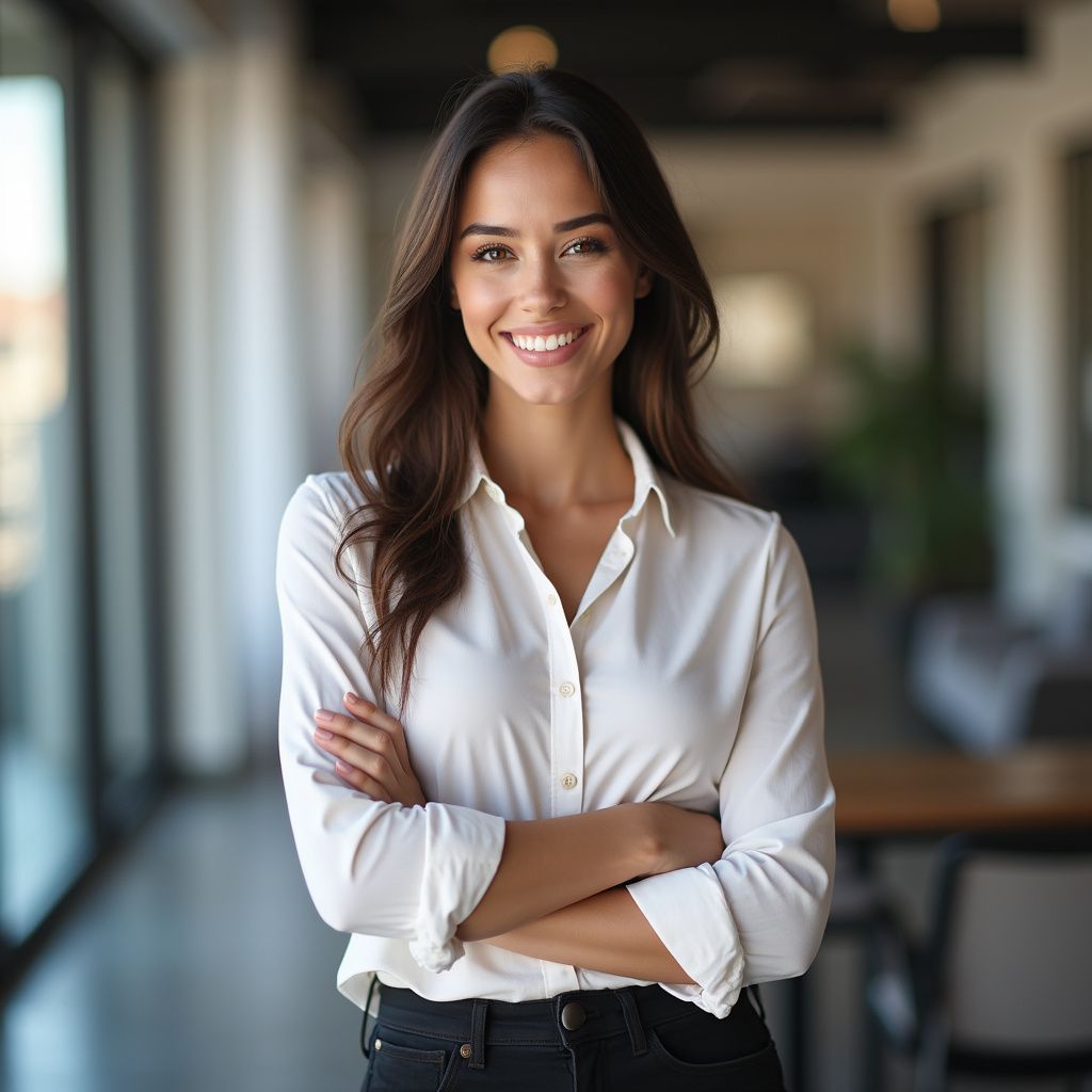 Woman with arms crossed smiling, wearing white shirt and black pants in an office setting.