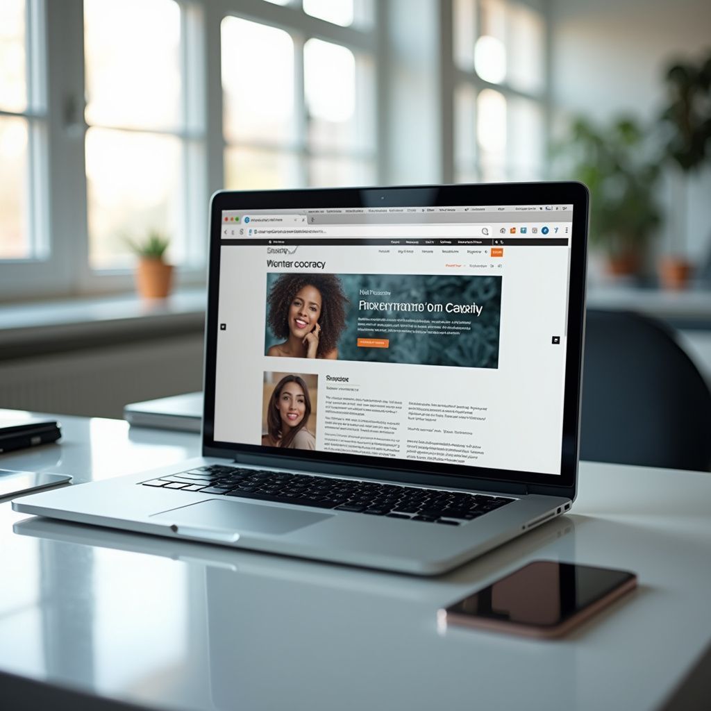 Laptop on a desk displaying a website with smiling Black woman, modern office setting.