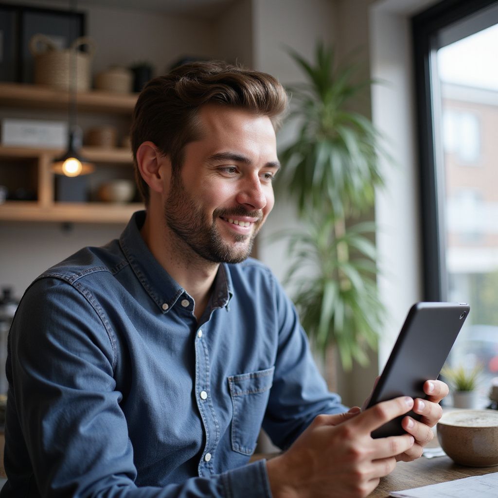 Man smiles while looking at a tablet, wearing a blue shirt, in a well-lit room with a plant and a wooden shelf.